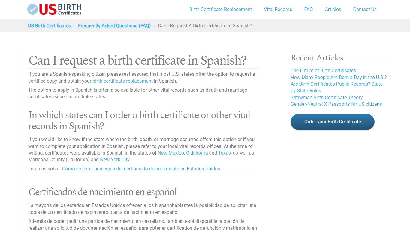 Can I Request a Birth Certificate in Spanish? - En Español